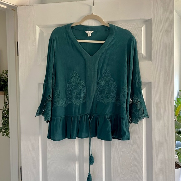 Cato V-Neck Teal Blouse Lace Details Peplum Style Elegant and Feminine Sz Small - Picture 1 of 7
